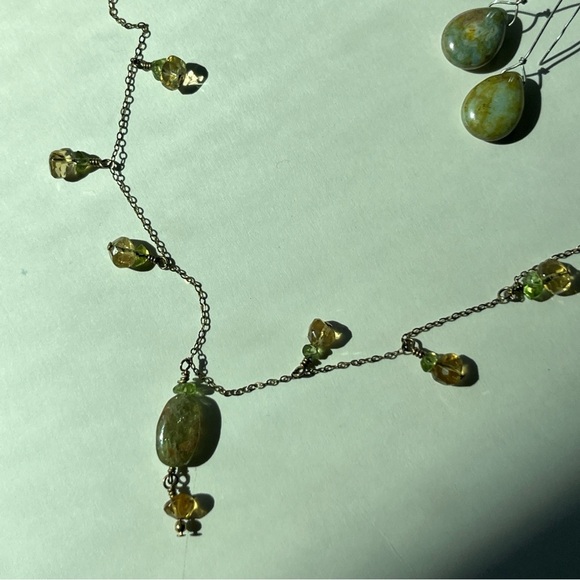 Handmade Necklace And Earring Set - Green & Yellow Glass - Gold Filled Chain - Picture 10 of 13